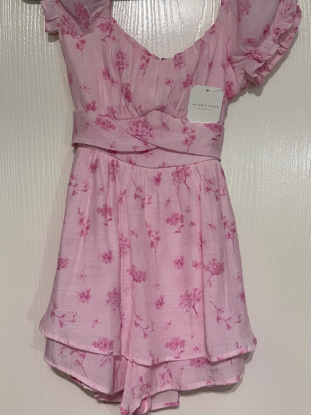 Altar'd State Pink Floral Midi Dress with Ruffle Sleeves